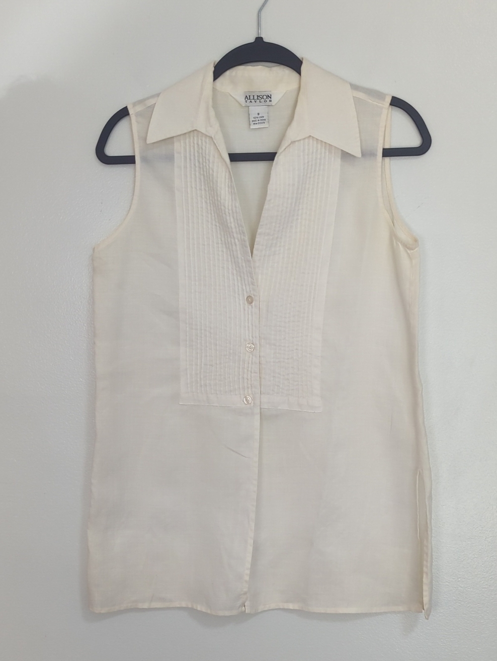 Vintage 90s Allison Taylor Small Cream 100% Linen Pintuck Blouse Sleeveless